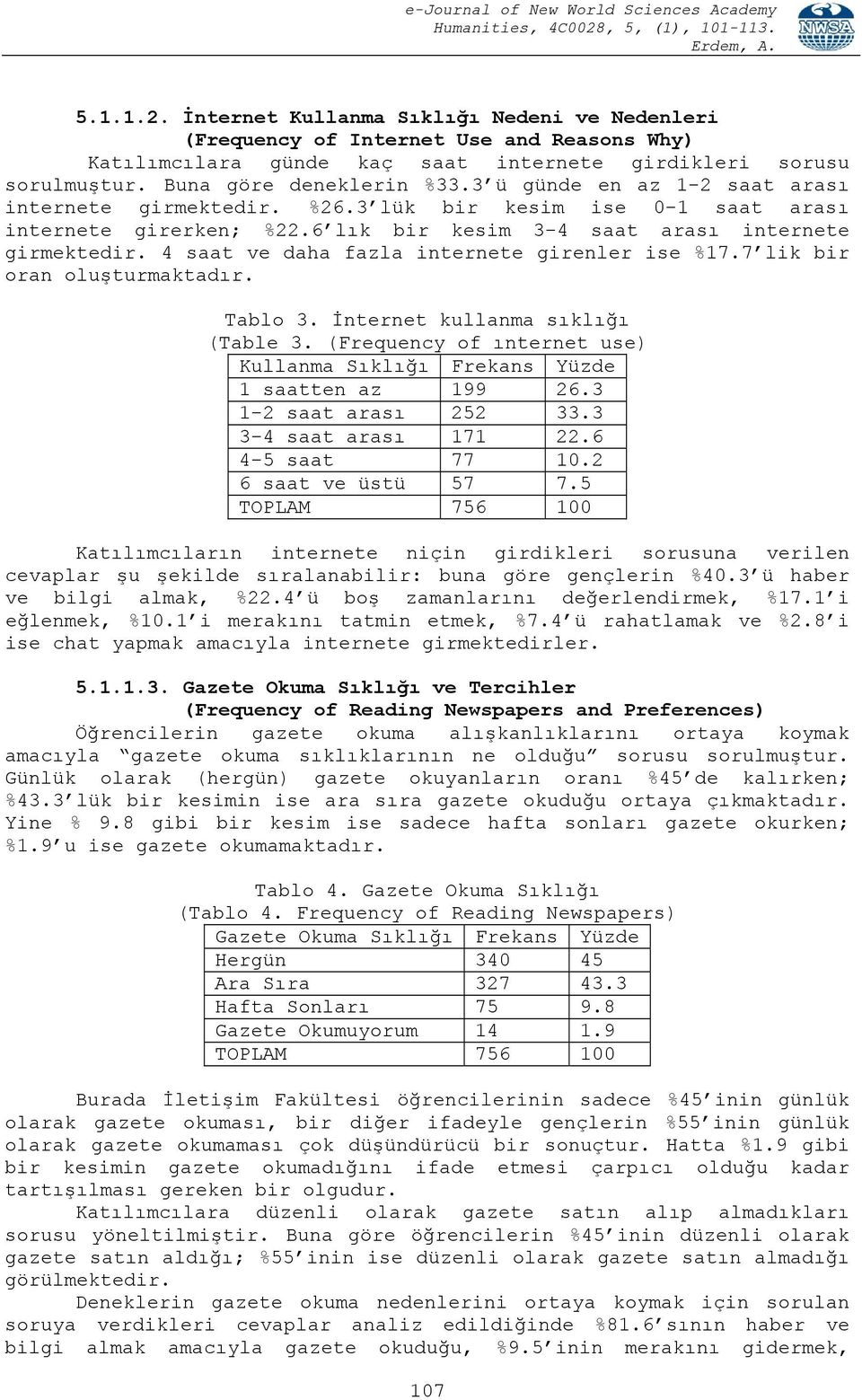 4 saat ve daha fazla internete girenler ise %17.7 lik bir oran oluşturmaktadır. Tablo 3. İnternet kullanma sıklığı (Table 3.