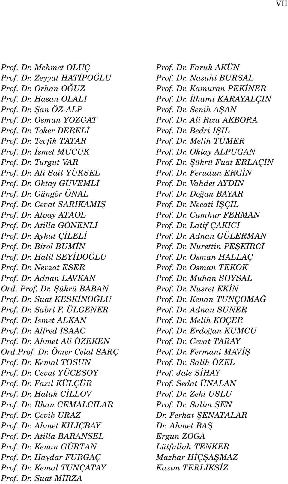 Dr. Halil SEY DO LU Prof. Dr. Nevzat ESER Prof. Dr. Adnan LAVKAN Ord. Prof. Dr. fiükrü BABAN Prof. Dr. Suat KESK NO LU Prof. Dr. Sabri F. ÜLGENER Prof. Dr. smet ALKAN Prof. Dr. Alfred ISAAC Prof. Dr. Ahmet Ali ÖZEKEN Ord.