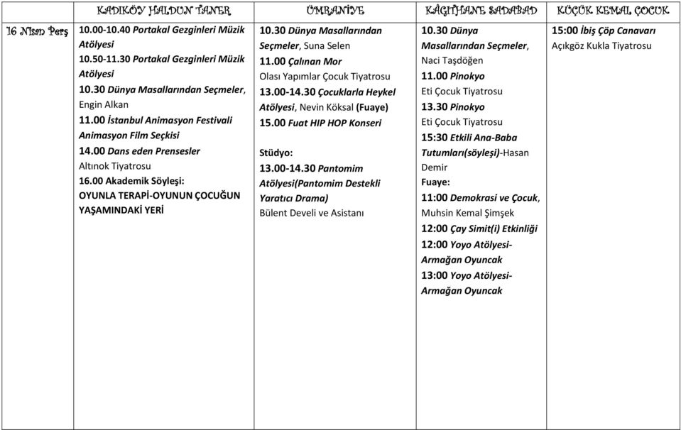 00 Çalınan Mor Olası Yapımlar Çocuk Tiyatrosu 13.00-14.30 Çocuklarla Heykel, Nevin Köksal (Fuaye) 15.00 Fuat HIP HOP Konseri 13.00-14.30 Pantomim (Pantomim Destekli Yaratıcı Drama) Bülent Develi ve Asistanı Naci Taşdöğen 11.