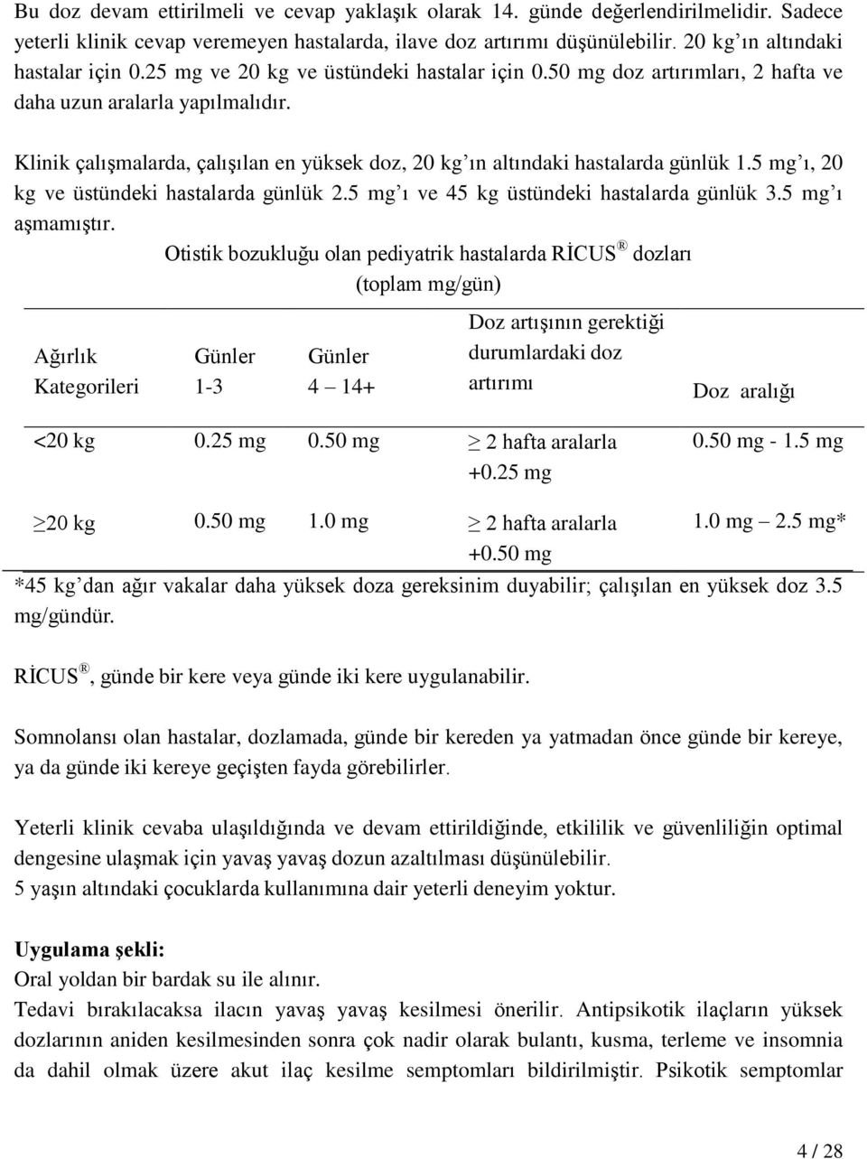 Klinik çalışmalarda, çalışılan en yüksek doz, 20 kg ın altındaki hastalarda günlük 1.5 mg ı, 20 kg ve üstündeki hastalarda günlük 2.5 mg ı ve 45 kg üstündeki hastalarda günlük 3.5 mg ı aşmamıştır.