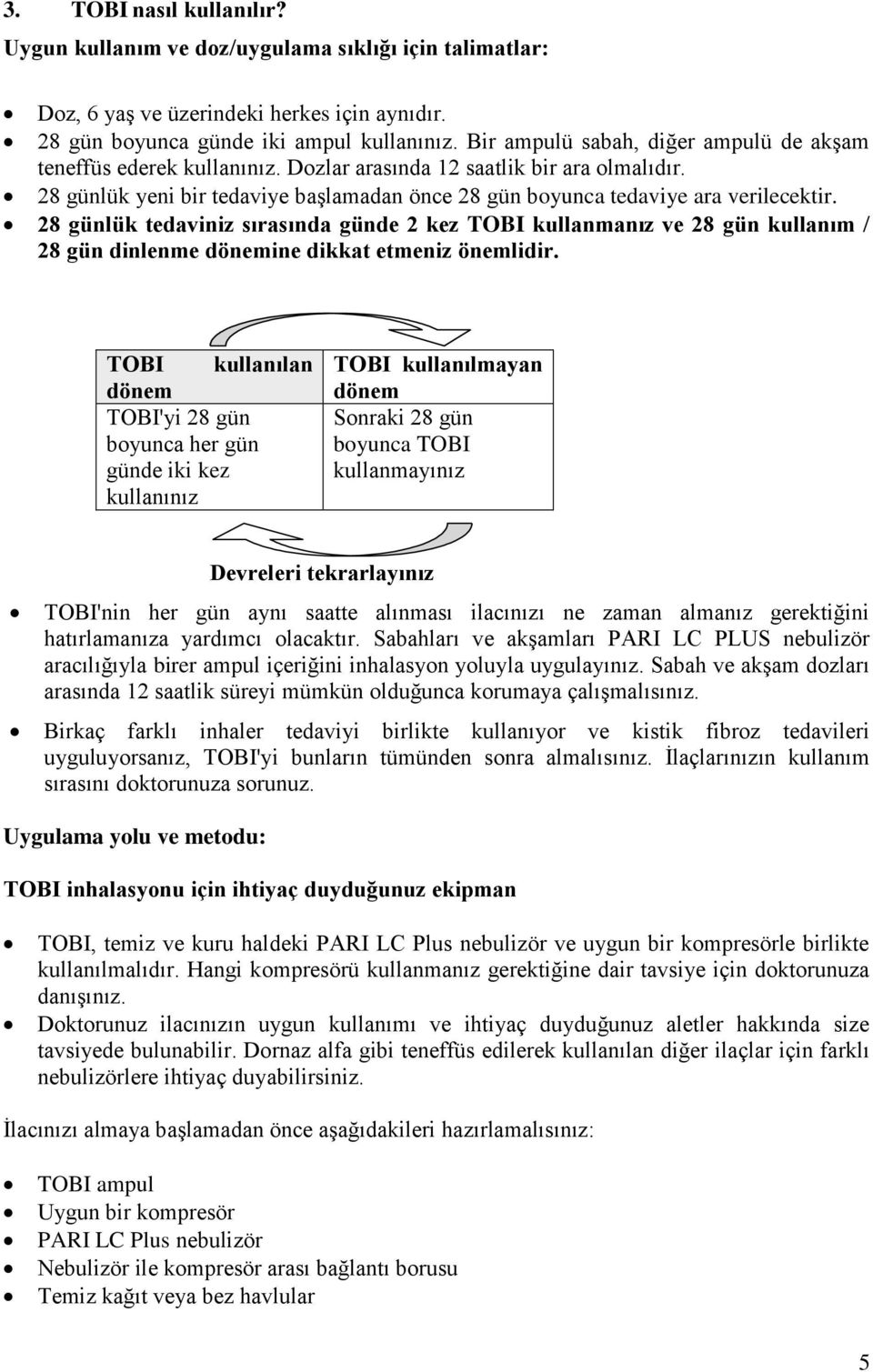 28 günlük tedaviniz sırasında günde 2 kez TOBI kullanmanız ve 28 gün kullanım / 28 gün dinlenme dönemine dikkat etmeniz önemlidir.