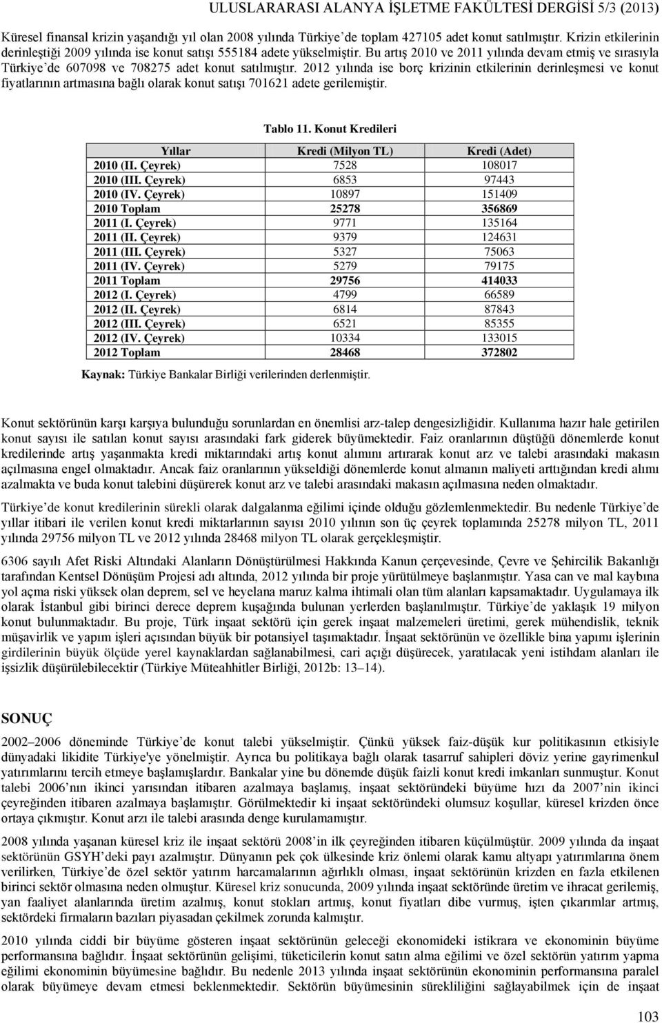 2012 yılında ise borç krizinin etkilerinin derinleşmesi ve konut fiyatlarının artmasına bağlı olarak konut satışı 701621 adete gerilemiştir. Tablo 11.