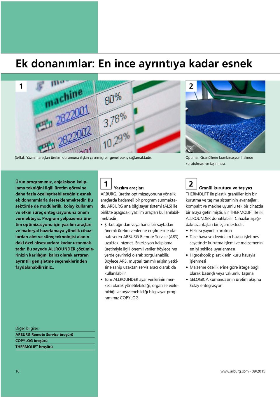 Ürün programımız, enjeksiyon kalıplama tekniğini ilgili üretim görevine daha fazla özelleştirebileceğiniz esnek ek donanımlarla desteklenmektedir.