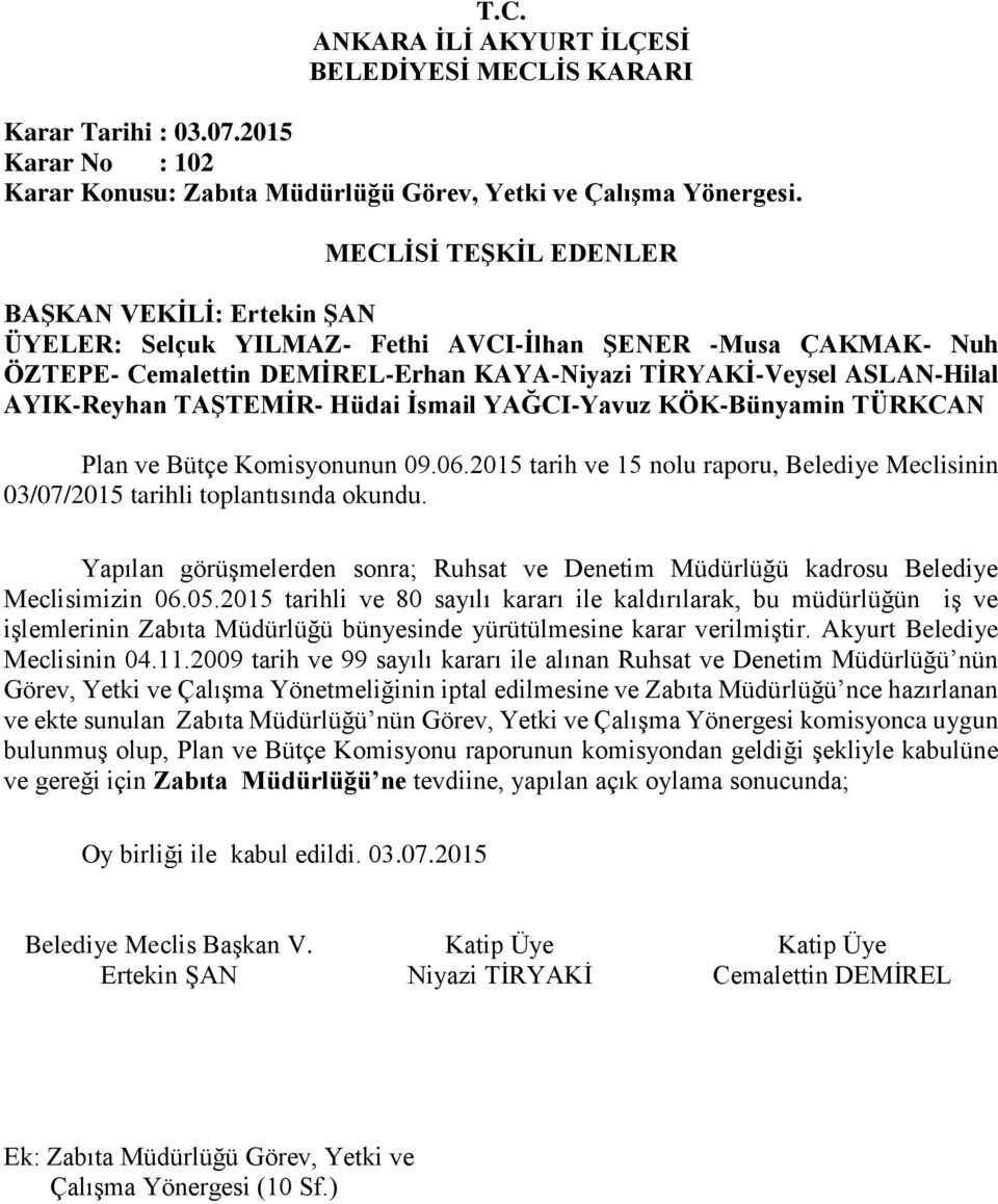 2015 tarihli ve 80 sayılı kararı ile kaldırılarak, bu müdürlüğün iş ve işlemlerinin Zabıta Müdürlüğü bünyesinde yürütülmesine karar verilmiştir. Akyurt Belediye Meclisinin 04.11.