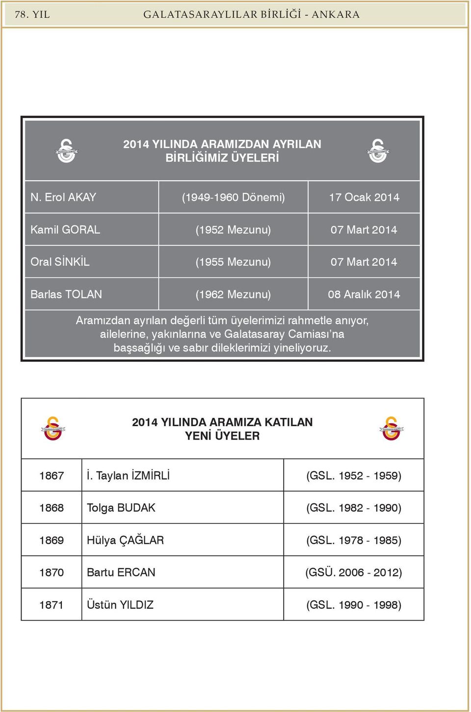 Aralık 2014 Aramızdan ayrılan değerli tüm üyelerimizi rahmetle anıyor, ailelerine, yakınlarına ve Galatasaray Camiası na başsağlığı ve sabır dileklerimizi