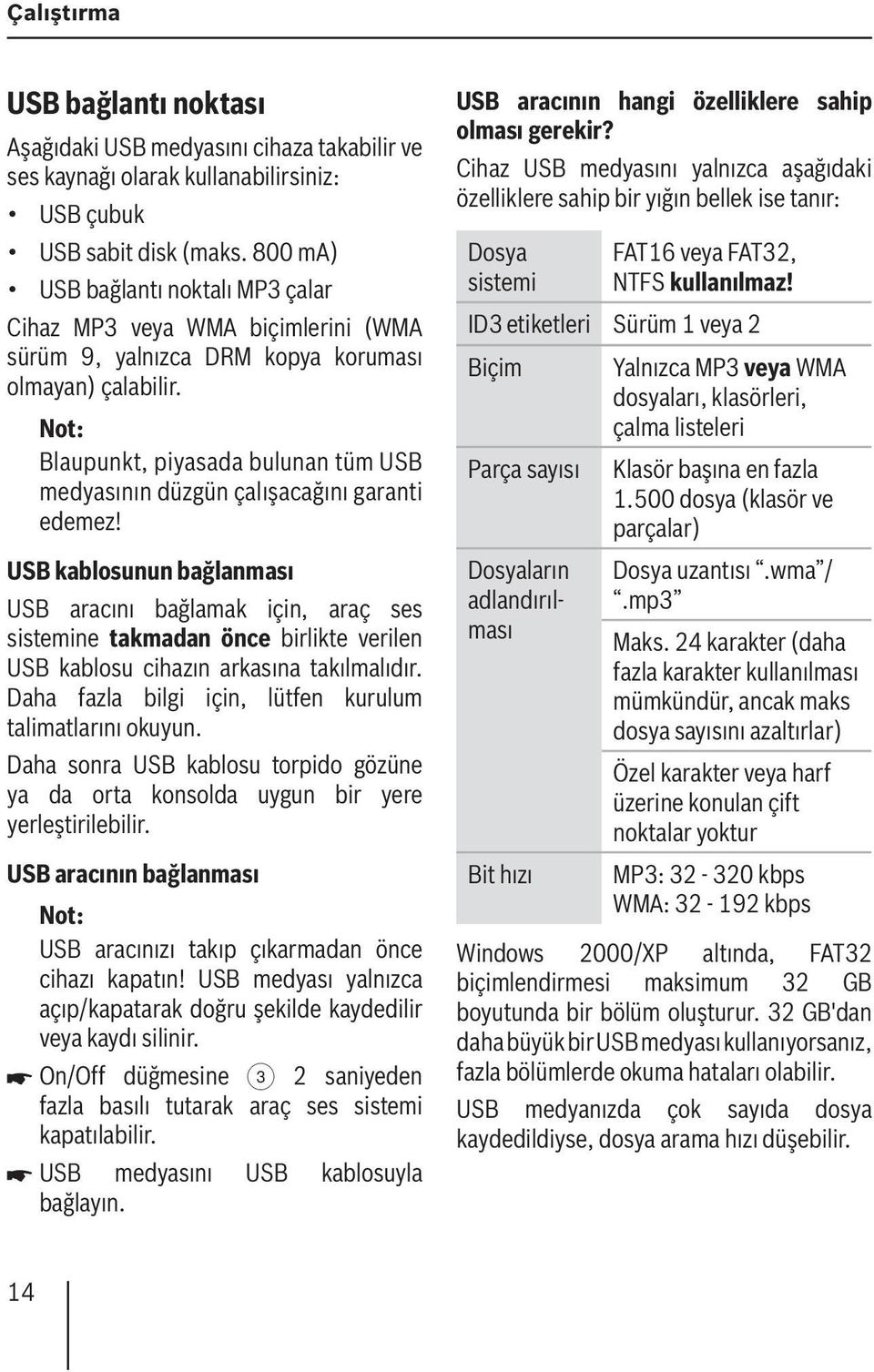 Blaupunkt, piyasada bulunan tüm USB medyasının düzgün çalışacağını garanti edemez!