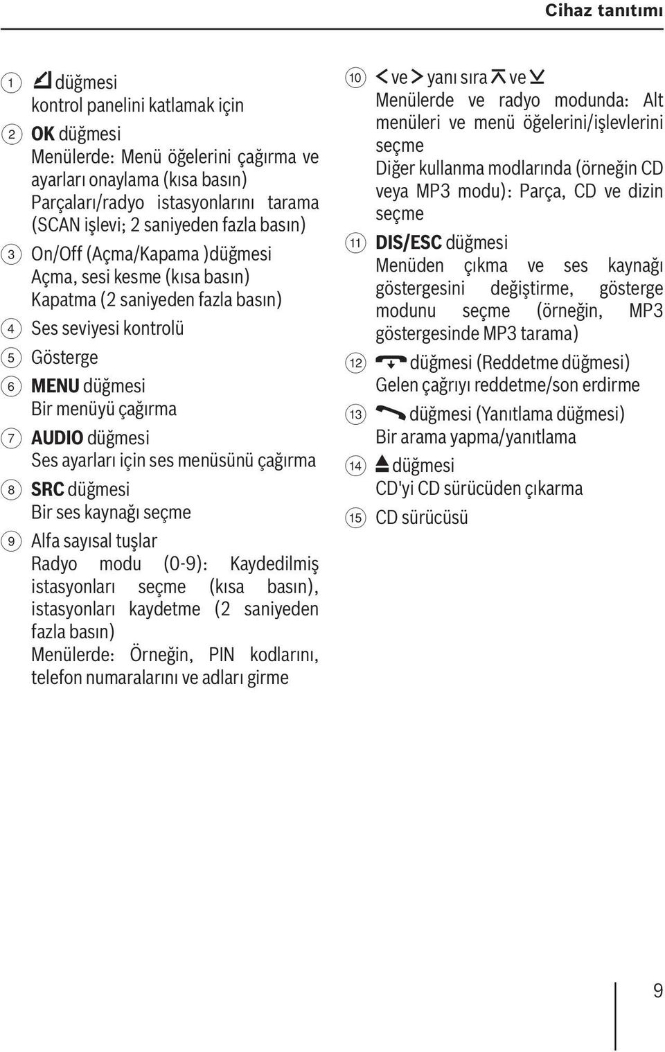 düğmesi Ses ayarları için ses menüsünü çağırma 8 SRC düğmesi Bir ses kaynağı seçme 9 Alfa sayısal tuşlar Radyo modu (0-9): Kaydedilmiş istasyonları seçme (kısa basın), istasyonları kaydetme (2