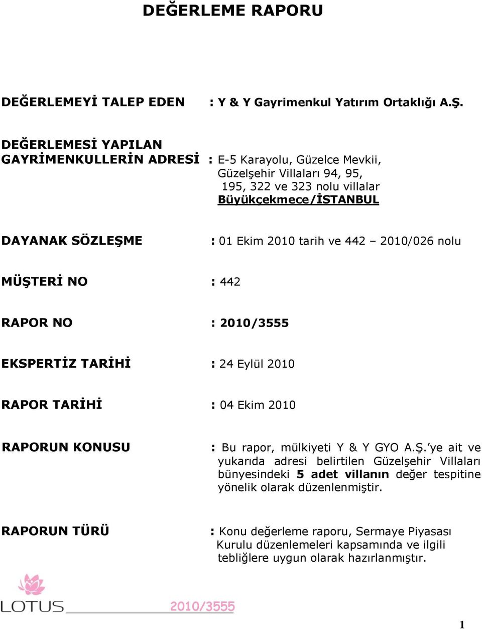 01 Ekim 2010 tarih ve 442 2010/026 nolu MÜġTERĠ NO : 442 RAPOR NO : EKSPERTĠZ TARĠHĠ : 24 Eylül 2010 RAPOR TARĠHĠ : 04 Ekim 2010 RAPORUN KONUSU : Bu rapor, mülkiyeti Y & Y GYO A.