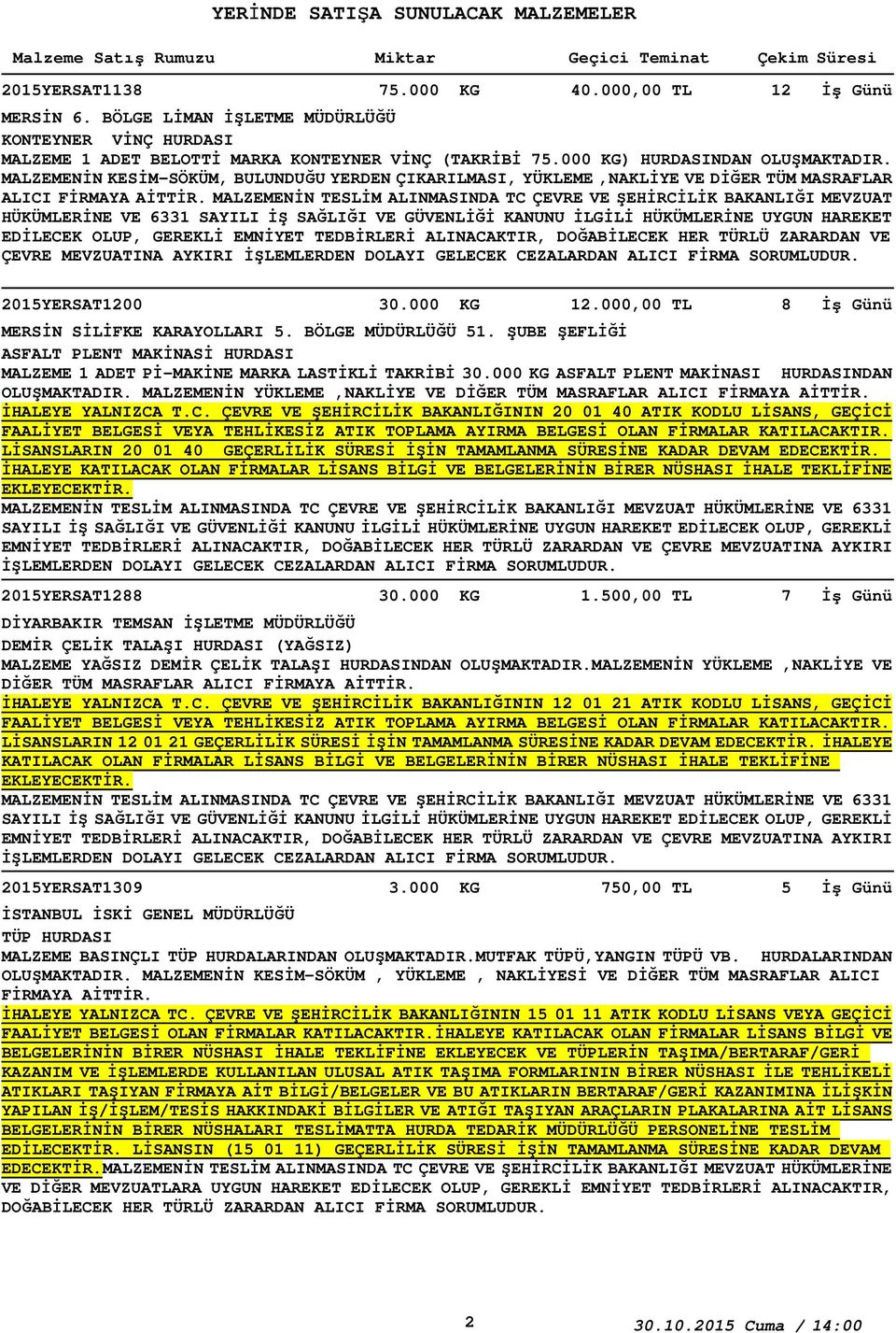 MALZEMENİN KESİM-SÖKÜM, BULUNDUĞU YERDEN ÇIKARILMASI, YÜKLEME,NAKLİYE VE DİĞER TÜM MASRAFLAR ALICI MALZEMENİN TESLİM ALINMASINDA TC ÇEVRE VE ŞEHİRCİLİK BAKANLIĞI MEVZUAT HÜKÜMLERİNE VE 6331 SAYILI İŞ