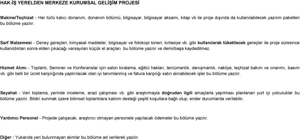 gibi kullanılarak tüketilecek gereçler ile proje süresince kullanıldıktan sonra elden çıkacağı varsayılan küçük el araçları bu bölüme yazılır ve demirbaşa kaydedilmez.