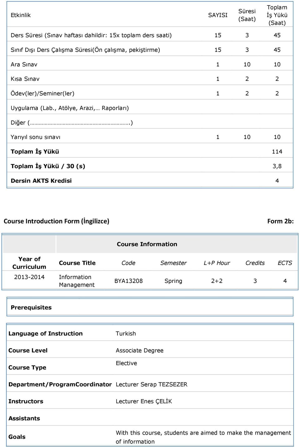 ) Yarıyıl sonu sınavı 1 10 10 Toplam İş Yükü 114 Toplam İş Yükü / 30 (s) 3,8 Dersin AKTS Kredisi 4 Course Introduction Form (İngilizce) Form 2b: Year of Curriculum 2013-2014 Information Management