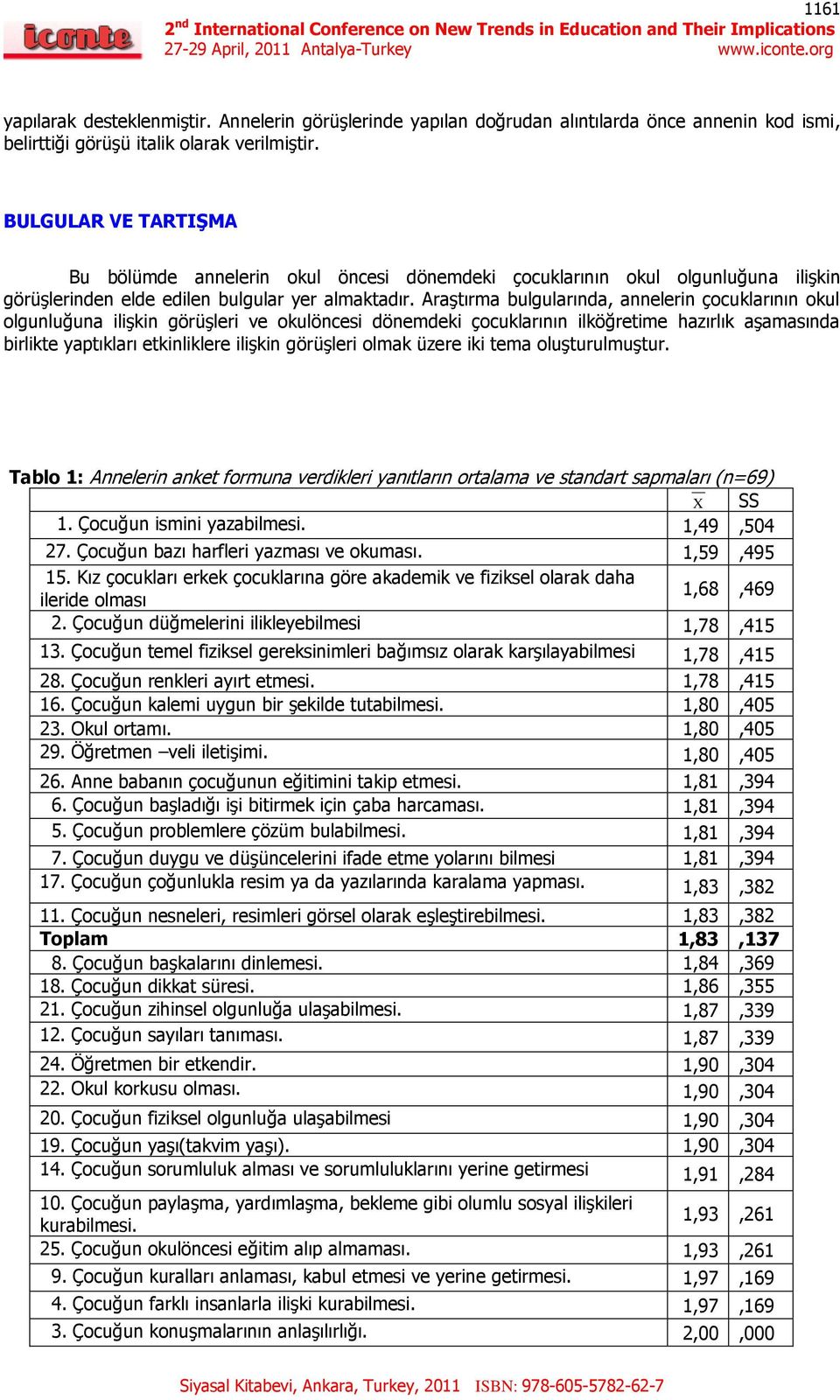 AraĢtırma bulgularında, annelerin çocuklarının okul olgunluğuna iliģkin görüģleri ve okulöncesi dönemdeki çocuklarının ilköğretime hazırlık aģamasında birlikte yaptıkları etkinliklere iliģkin