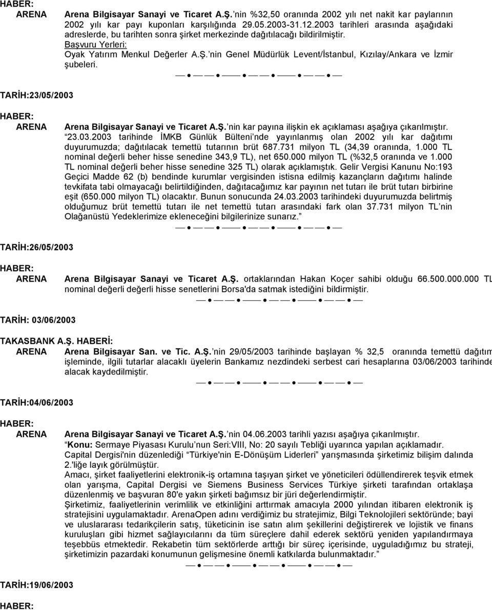 nin Genel Müdürlük Levent/Ġstanbul, Kızılay/Ankara ve Ġzmir Ģubeleri. TARĠH:23/05/2003 