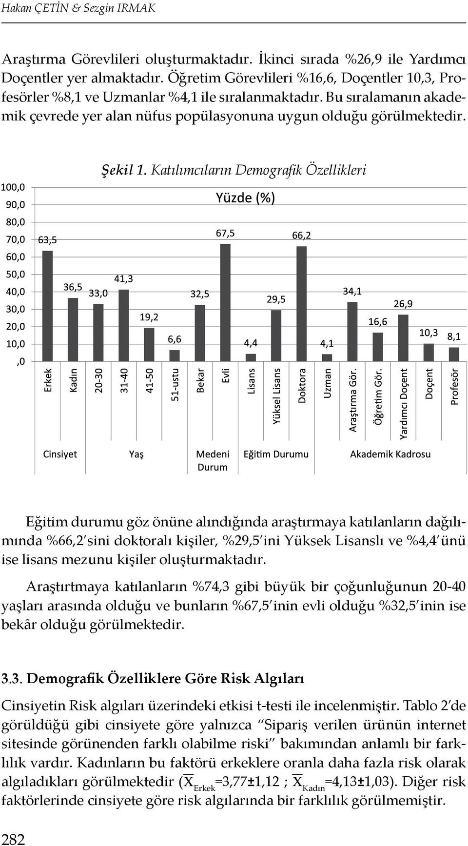 Katılımcıların Demografik Özellikleri Eğitim durumu göz önüne alındığında araştırmaya katılanların dağılımında %66,2 sini doktoralı kişiler, %29,5 ini Yüksek Lisanslı ve %4,4 ünü ise lisans mezunu