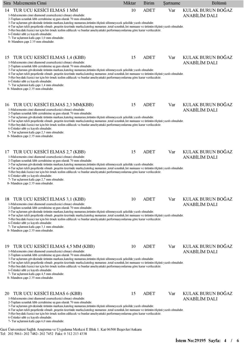 18 TUR UCU KESĐCĐ ELMAS 3,1 (KBB) 7- Tur uçlarının kafa çapı 3,1 mm olmalıdır. 19 TUR UCU KESĐCĐ ELMAS 4, MM (KBB) 7- Tur uçlarının kafa çapı 4, mm olmalıdır.