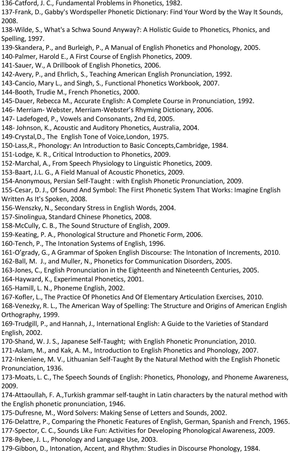 , A First Course of English Phonetics, 2009. 141-Sauer, W., A Drillbook of English Phonetics, 2006. 142-Avery, P., and Ehrlich, S., Teaching American English Pronunciation, 1992. 143-Cancio, Mary L.