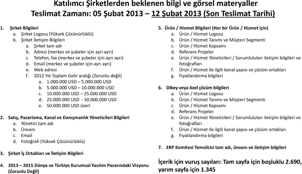 2012 Yılı Toplam Gelir aralığı (Zorunlu değil) a. 1.000.000 USD 5.000.000 USD b. 5.000.000 USD 10.000.000 USD c. 10.000.000 USD 25.000.000 USD d. 25.000.000 USD - 50.000.000 USD e. 50.000.000 USD üzeri 2.