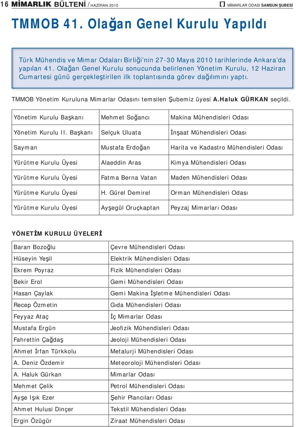 TMMOB Yönetim Kuruluna Mimarlar Odasını temsilen Şubemiz üyesi A.Haluk GÜRKAN seçildi. Yönetim Kurulu Başkanı Mehmet Soğancı Makina Mühendisleri Odası Yönetim Kurulu II.
