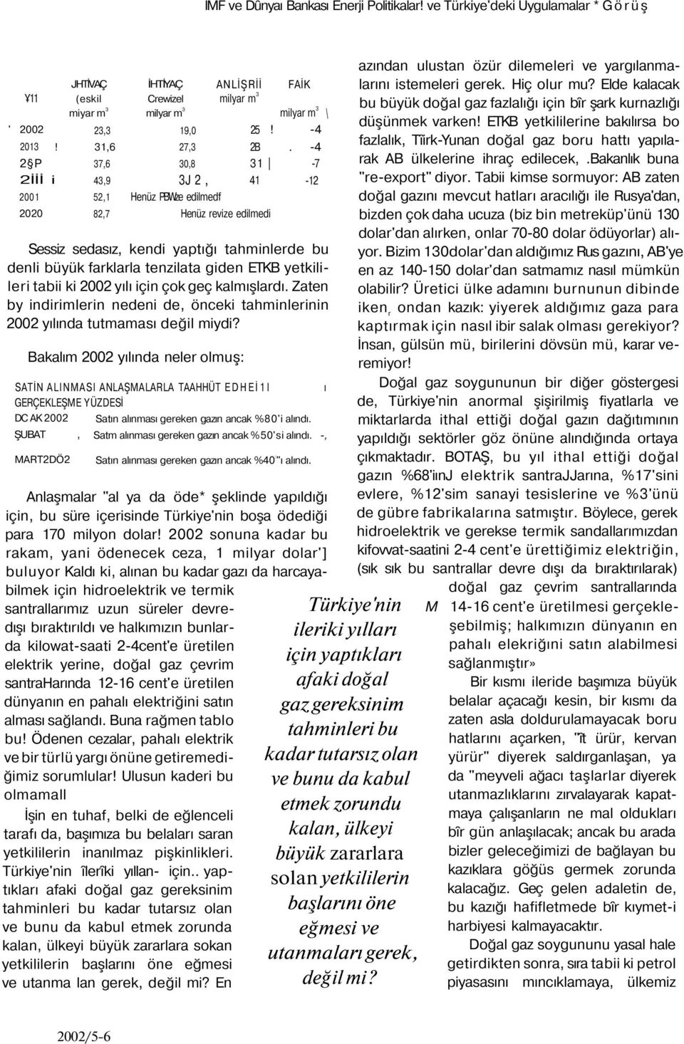 FAİK milyar m 3 \! -4. -4-7 -12 Sessiz sedasız, kendi yaptığı tahminlerde bu denli büyük farklarla tenzilata giden ETKB yetkilileri tabii ki 2002 yılı için çok geç kalmışlardı.