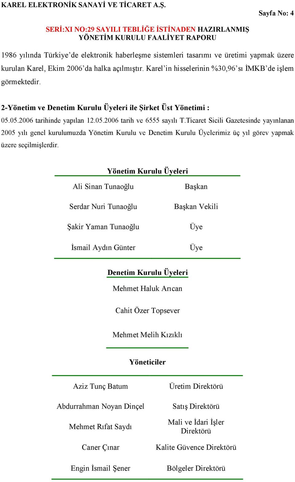 Ticaret Sicili Gazetesinde yayınlanan 2005 yılı genel kurulumuzda Yönetim Kurulu ve Denetim Kurulu Üyelerimiz üç yıl görev yapmak üzere seçilmişlerdir.