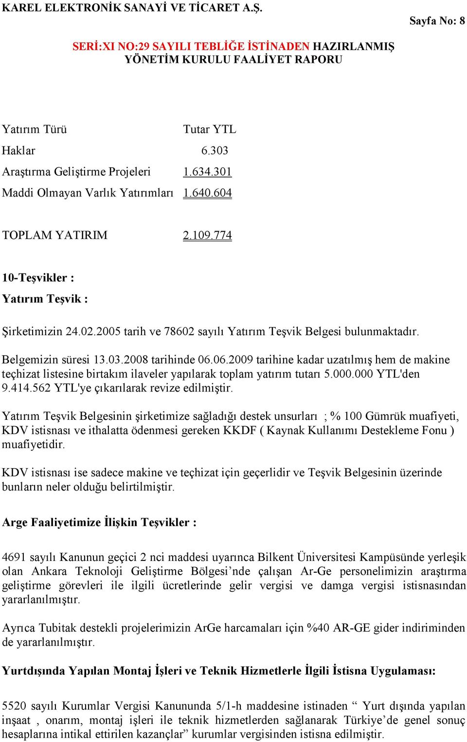 06.2009 tarihine kadar uzatılmış hem de makine teçhizat listesine birtakım ilaveler yapılarak toplam yatırım tutarı 5.000.000 YTL'den 9.414.562 YTL'ye çıkarılarak revize edilmiştir.