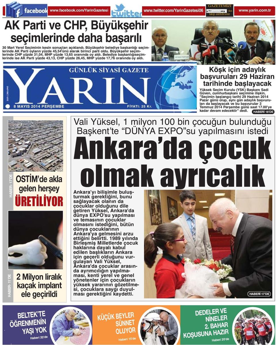 Belediye başkanlığıseçimlerinde ise AK Parti yüzde 43,13, CHP yüzde 26,45, MHP yüzde 17,76 oranında oy aldı. HABER 17 DE HABER 11 DE 8 MAYIS 2014 PERŞEMBE FİYATI: 25 Kr.