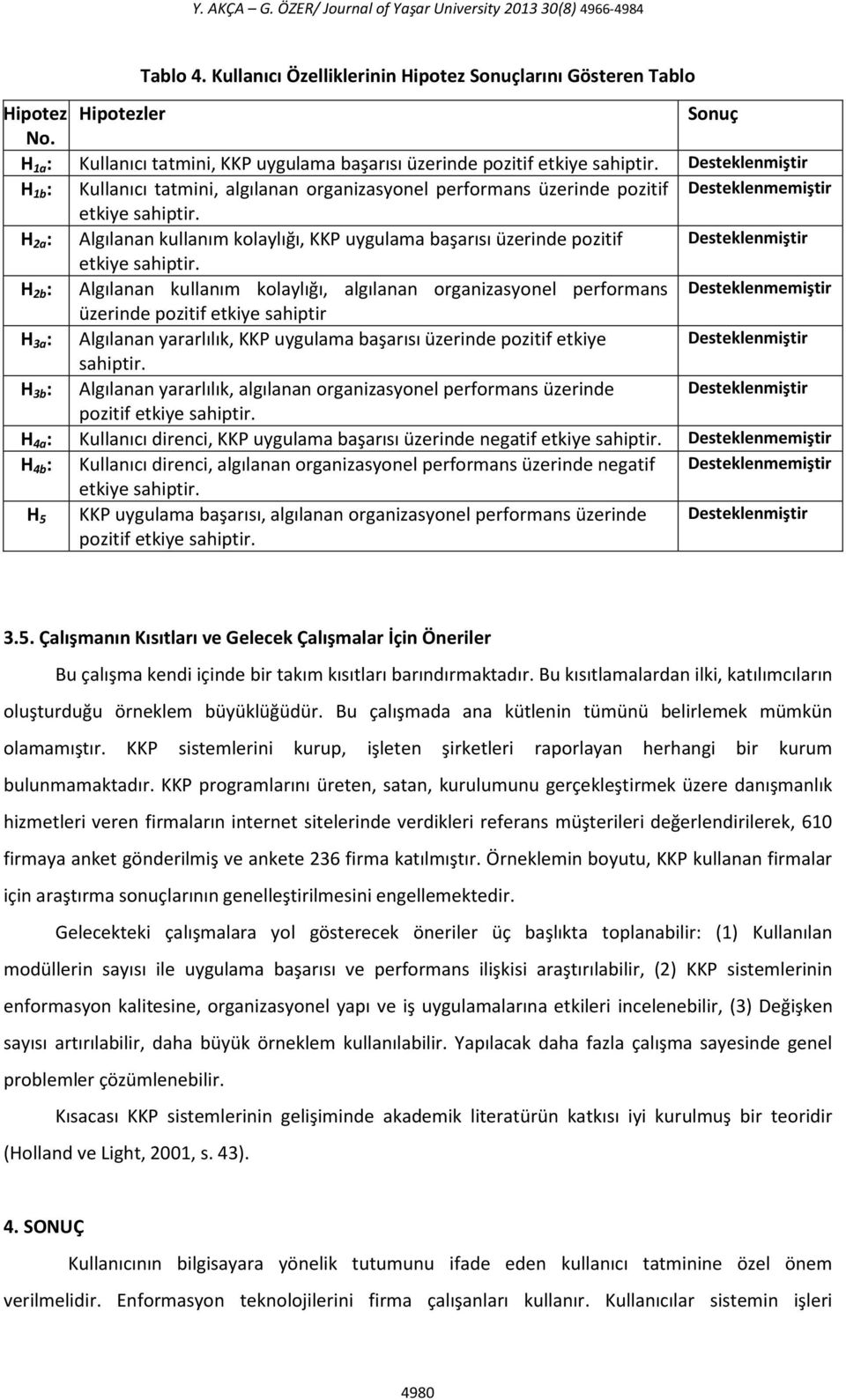 Desteklenmiştir H 1b : Kullanıcı tatmini, algılanan organizasyonel performans üzerinde pozitif Desteklenmemiştir etkiye sahiptir.