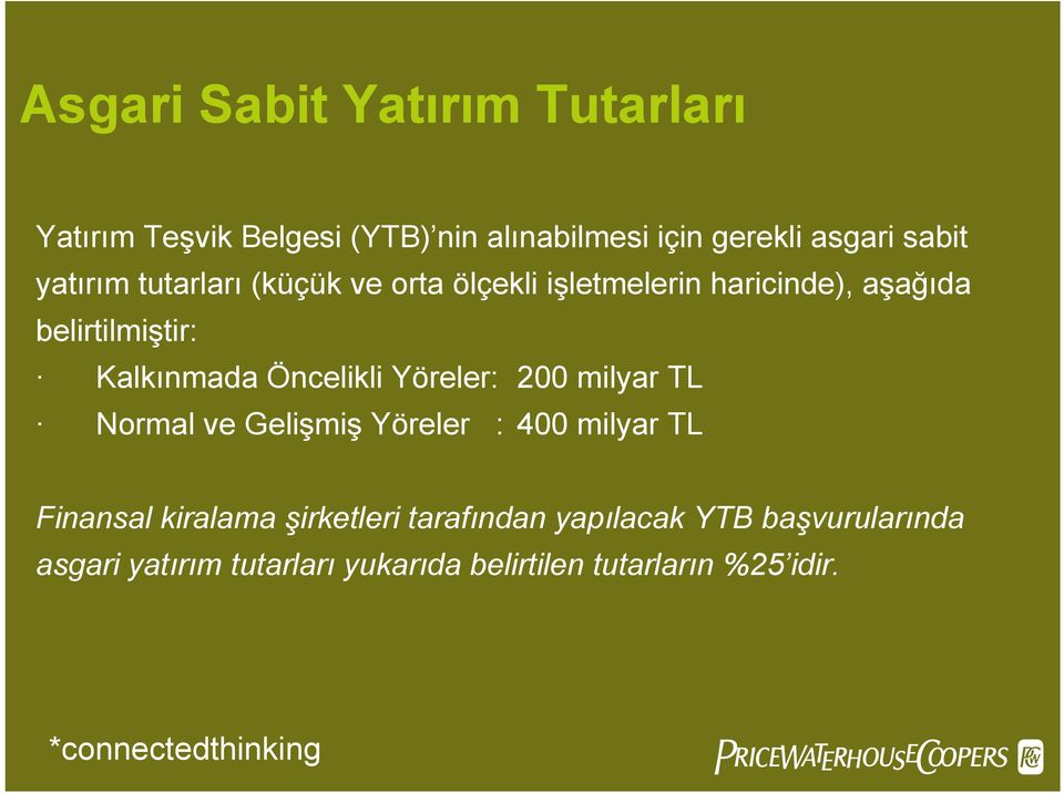 Öncelikli Yöreler: 200 milyar TL Normal ve Gelişmiş Yöreler : 400 milyar TL Finansal kiralama