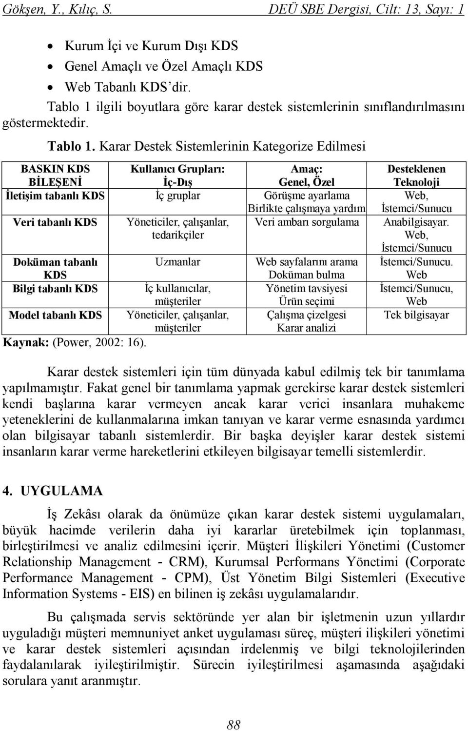 Karar Destek Sistemlerinin Kategorize Edilmesi BASKIN KDS BİLEŞENİ Kullanıcı Grupları: İç-Dış Amaç: Genel, Özel İletişim tabanlı KDS İç gruplar Görüşme ayarlama Birlikte çalışmaya yardım Veri tabanlı