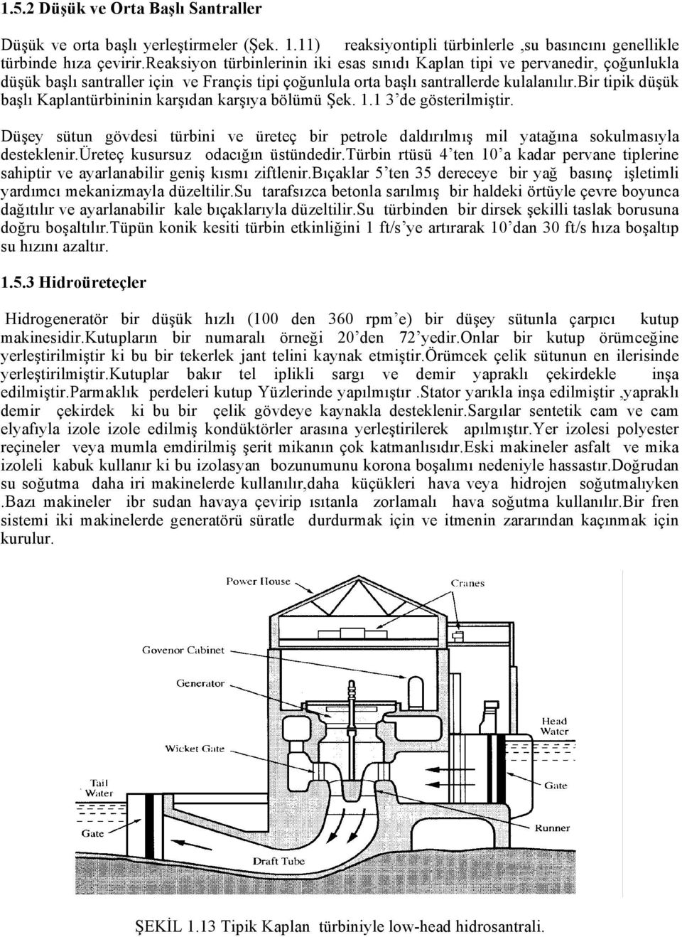 bir tipik düşük başlı Kaplantürbininin karşıdan karşıya bölümü Şek. 1.1 3 de gösterilmiştir. Düşey sütun gövdesi türbini ve üreteç bir petrole daldırılmış mil yatağına sokulmasıyla desteklenir.