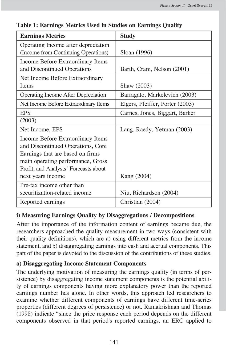 Markelevich (2003) Net Income Before Extraordinary Items Elgers, Pfeiffer, Porter (2003) EPS Carnes, Jones, Biggart, Barker (2003) Net Income, EPS Lang, Raedy, Yetman (2003) Income Before