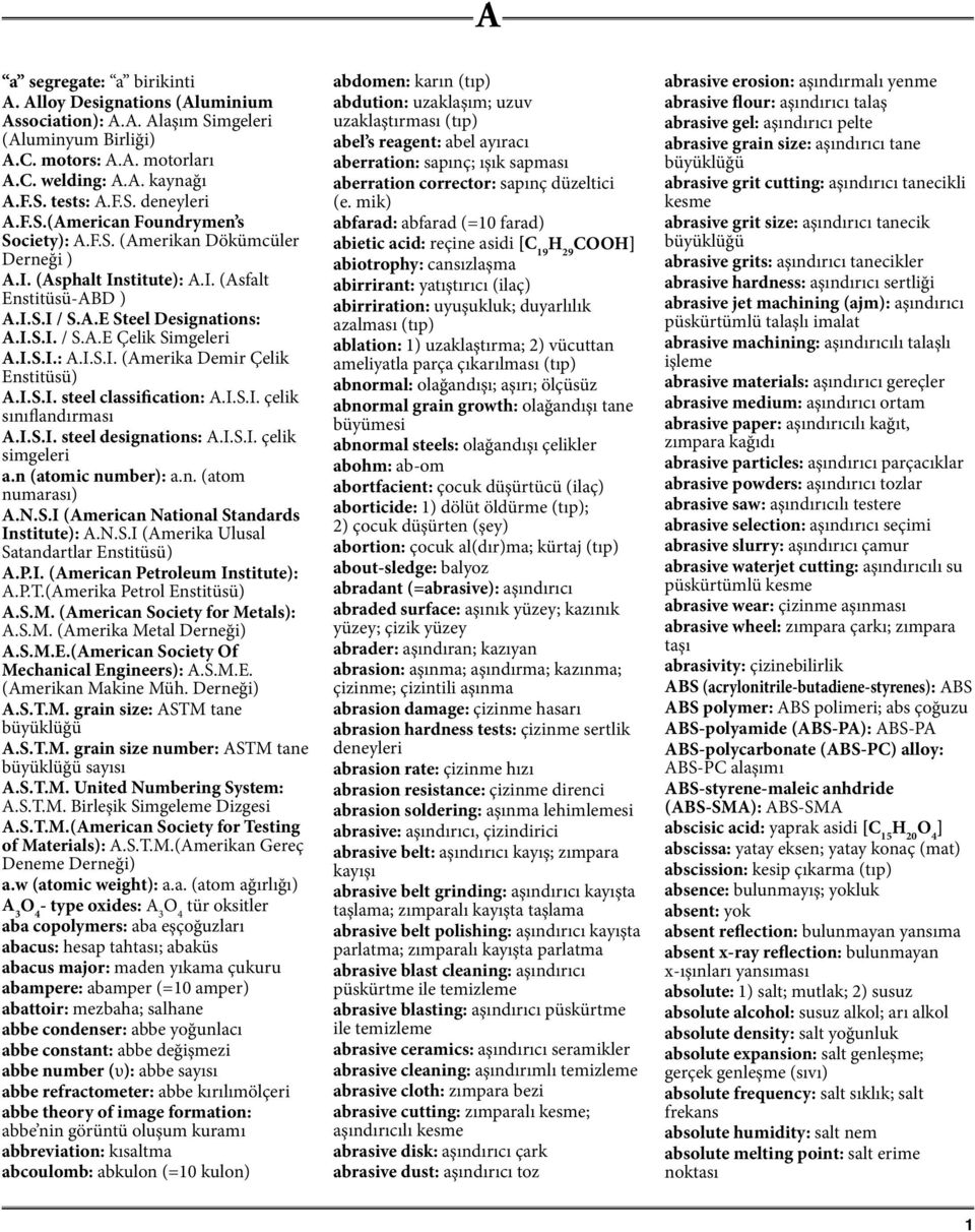 I.S.I.: A.I.S.I. (Amerika Demir Çelik Enstitüsü) A.I.S.I. steel classification: A.I.S.I. çelik sınıflandırması A.I.S.I. steel designations: A.I.S.I. çelik simgeleri a.n (atomic number): a.n. (atom numarası) A.