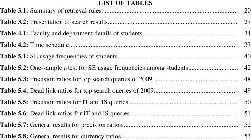 3: Precision ratios for top search queries of 2009... 48 Table 5.4: Dead link ratios for top search queries of 2009... 49 Table 5.