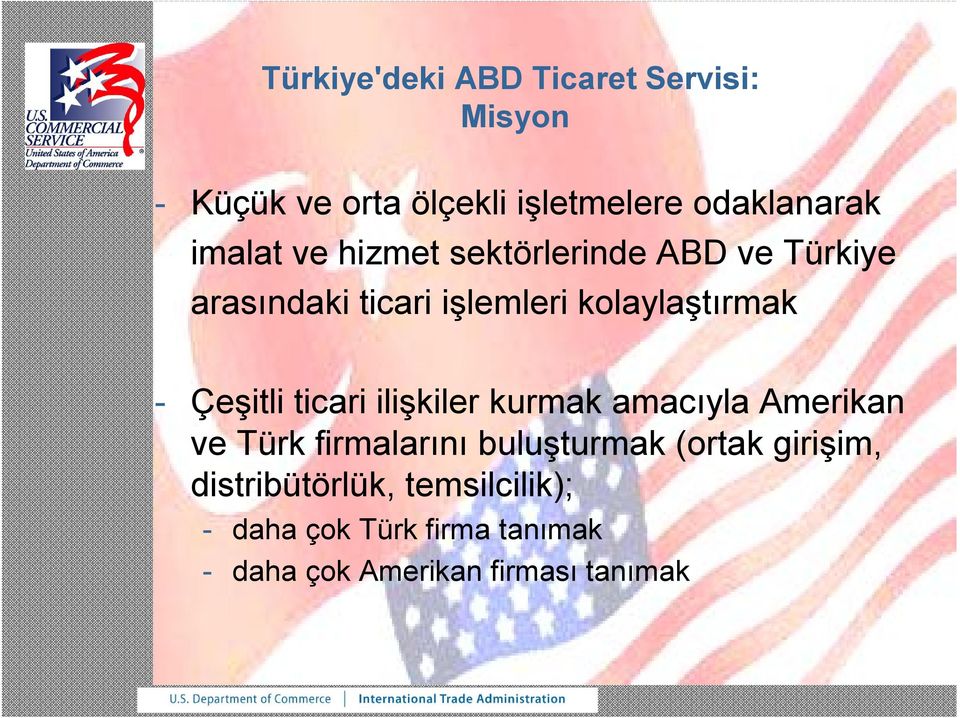 Çeşitli ticari ilişkiler kurmak amacıyla Amerikan ve Türk firmalarını buluşturmak (ortak