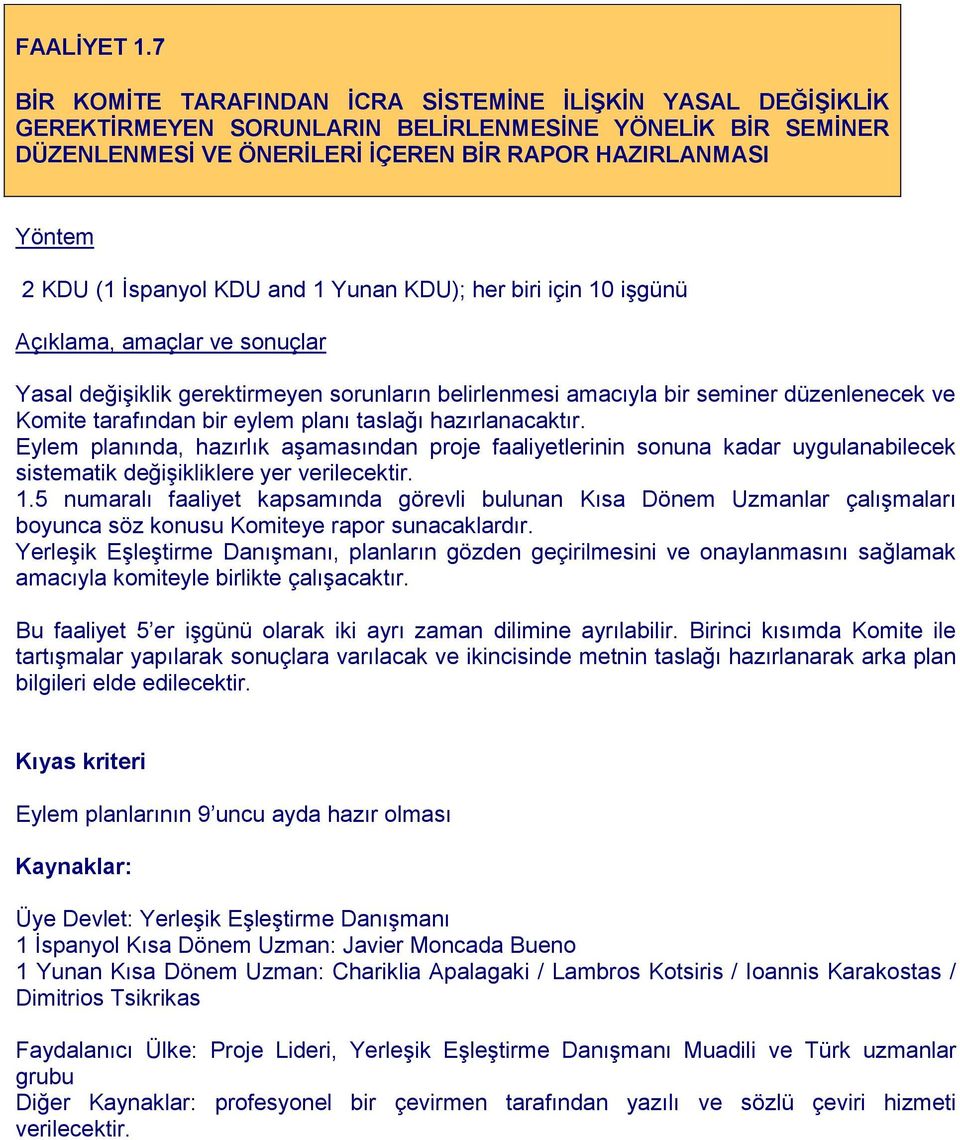 KDU and 1 Yunan KDU); her biri için 10 işgünü Açıklama, amaçlar ve sonuçlar Yasal değişiklik gerektirmeyen sorunların belirlenmesi amacıyla bir seminer düzenlenecek ve Komite tarafından bir eylem