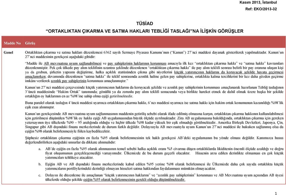 Kanun un 27 nci maddesinin gerekçesi aşağıdaki gibidir: Madde ile AB mevzuatına uyum sağlanabilmesi ve pay sahiplerinin haklarının korunması amacıyla ilk kez ortaklıktan çıkarma hakkı ve satma hakkı