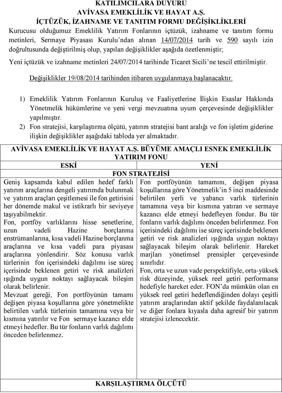 590 sayılı izin doğrultusunda değiştirilmiş olup, yapılan değişiklikler aşağıda özetlenmiştir; Yeni içtüzük ve izahname metinleri 24/07/2014 tarihinde Ticaret Sicili ne tescil ettirilmiştir.