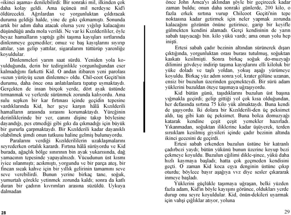 Ne var ki Kızılderililer, öyle beyaz hamalların yaptığı gibi taşıma kayışları sırtlarında dinlenmeye geçmediler; omuz ve baş kayışlarını sıyırıp attılar, yan gelip yattılar, sigaralarım tüttürüp