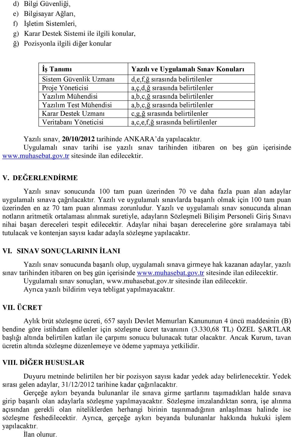 sırasında belirtilenler a,b,c,ğ sırasında belirtilenler c,g,ğ sırasında belirtilenler a,c,e,f,ğ sırasında belirtilenler Yazılı sınav, 20/10/2012 tarihinde ANKARA da yapılacaktır.