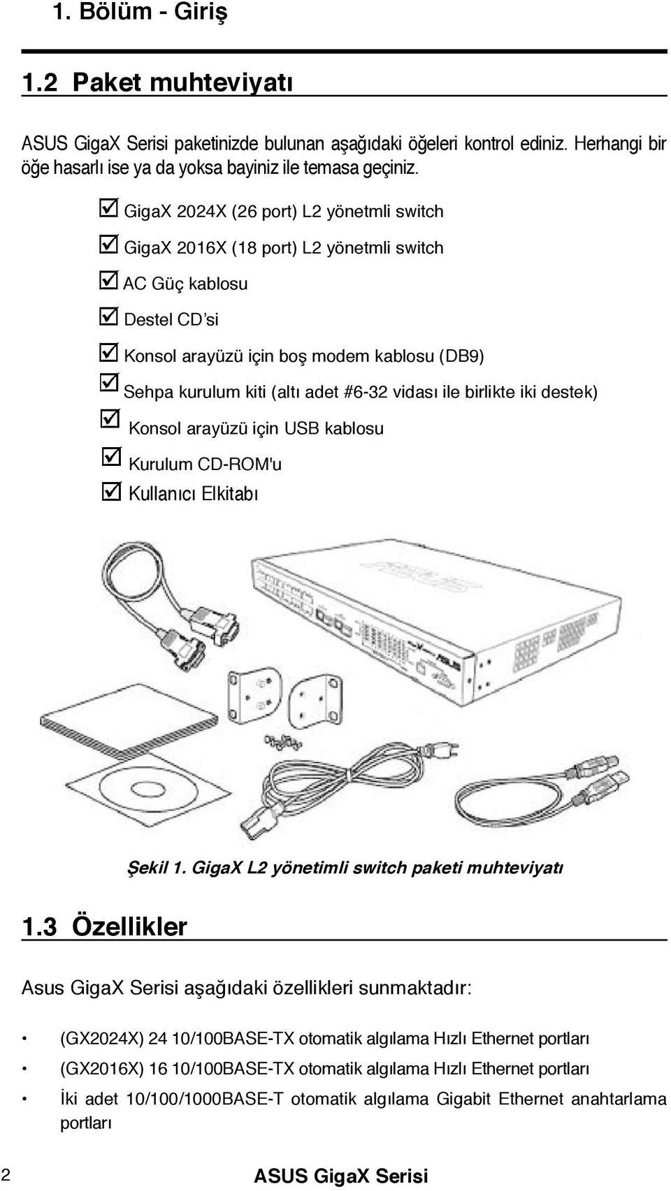 ile birlikte iki destek) Konsol arayüzü için USB kablosu Kurulum CD-ROM'u Kullanıcı Elkitabı Şekil 1. GigaX L2 yönetimli switch paketi muhteviyatı 1.