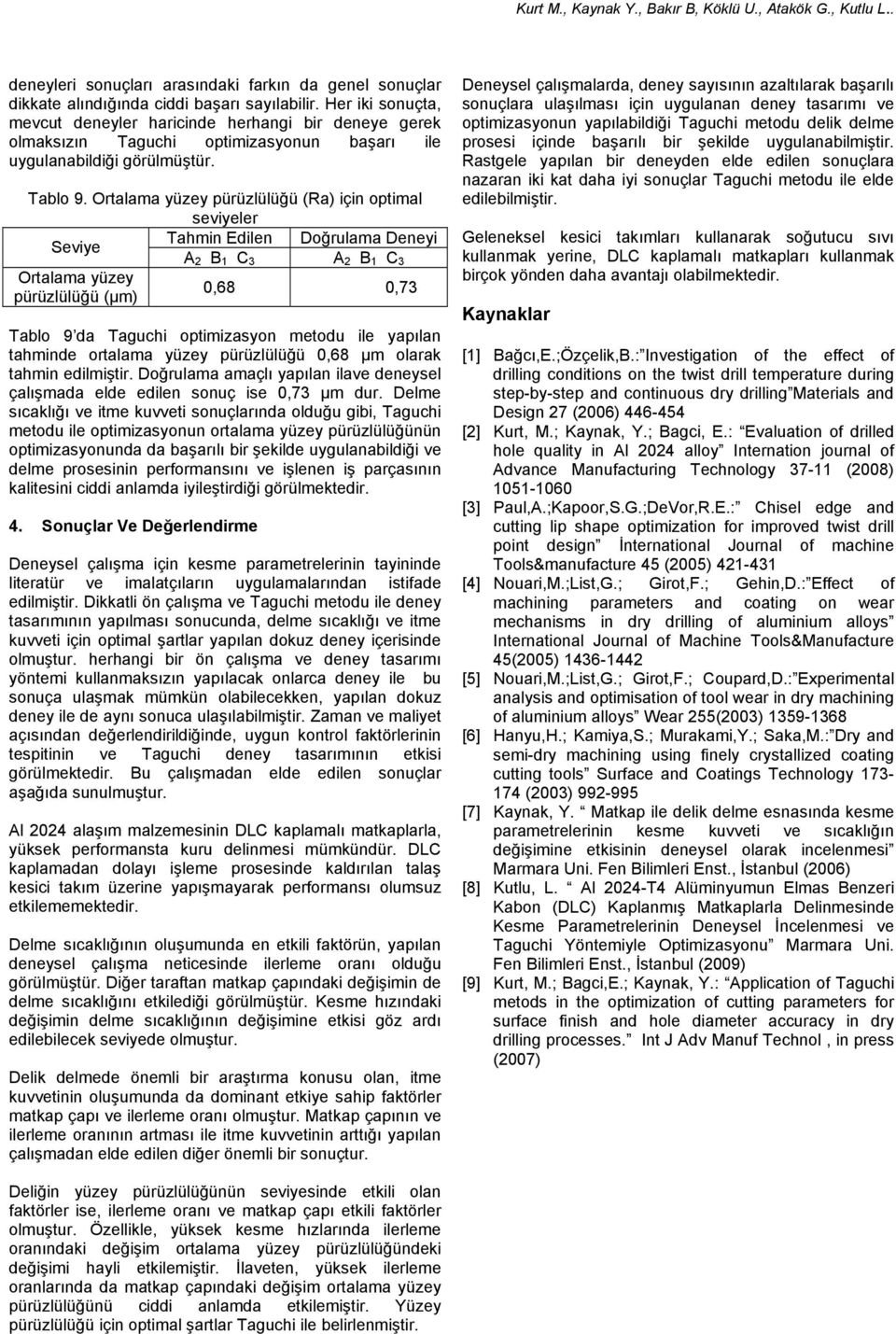 Ortalama yüzey pürüzlülüğü (Ra) için optimal seviyeler Tahmin Edilen Doğrulama Deneyi Seviye A 2 B 1 C 3 A 2 B 1 C 3 Ortalama yüzey 0,68 0,73 pürüzlülüğü (µm) Tablo 9 da Taguchi optimizasyon metodu