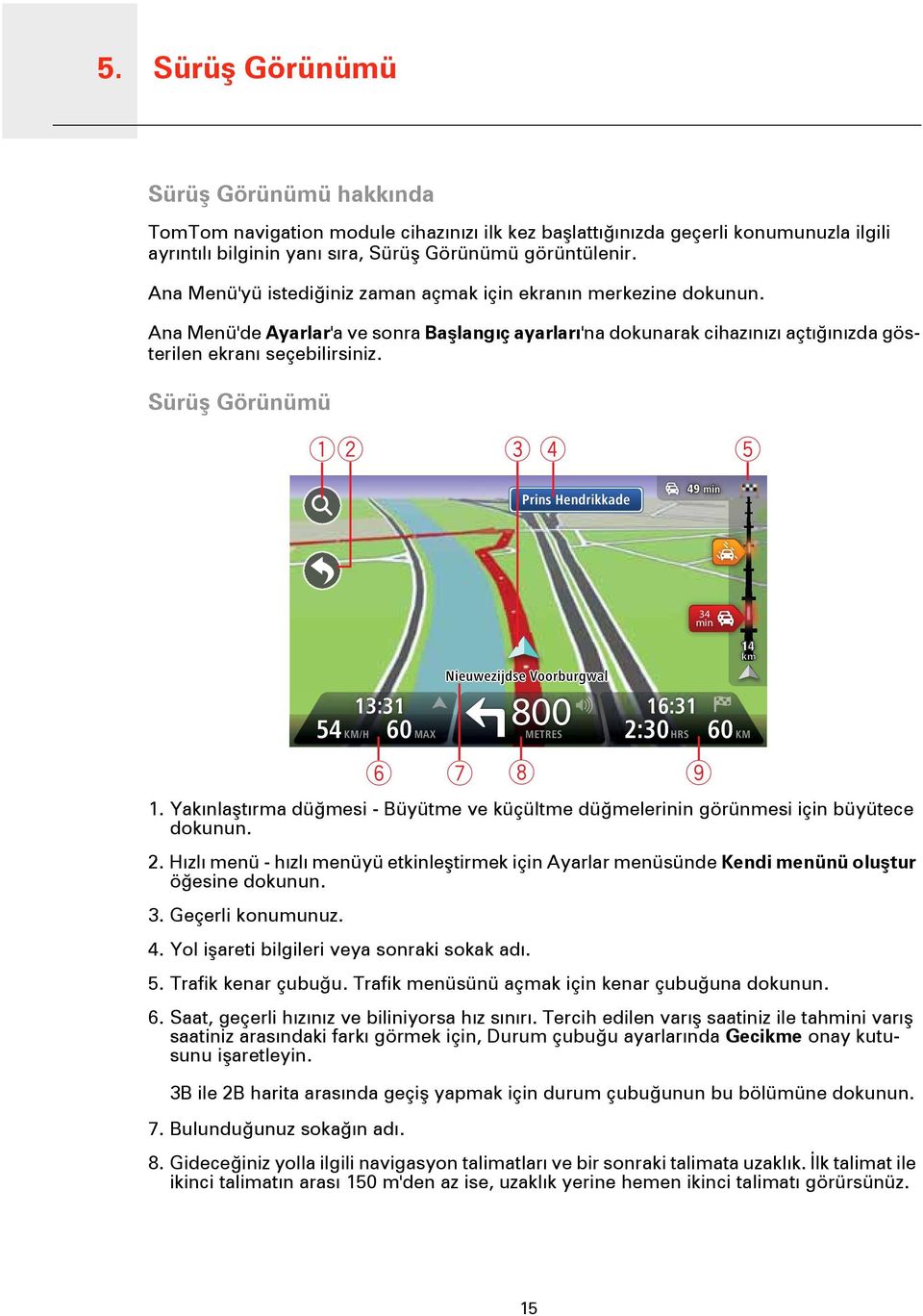 Sürüş Görünümü AB C D E Prins Hendrikkade 34 min 13:31 54 KM/H 60 MAX 800 METRES 16:31 2:30 HRS 60 KM F G H I 1. Yakınlaştırma düğmesi - Büyütme ve küçültme düğmelerinin görünmesi için büyütece 2.