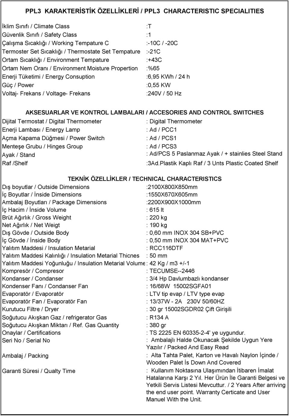 / Power :0,55 KW Voltaj- Frekans / Voltage- Frekans :240V / 50 Hz Dijital Termostat / Digital Thermometer Enerji Lambası / Energy Lamp Açma Kapama Düğmesi / Power Switch Menteşe Grubu / Hinges Group