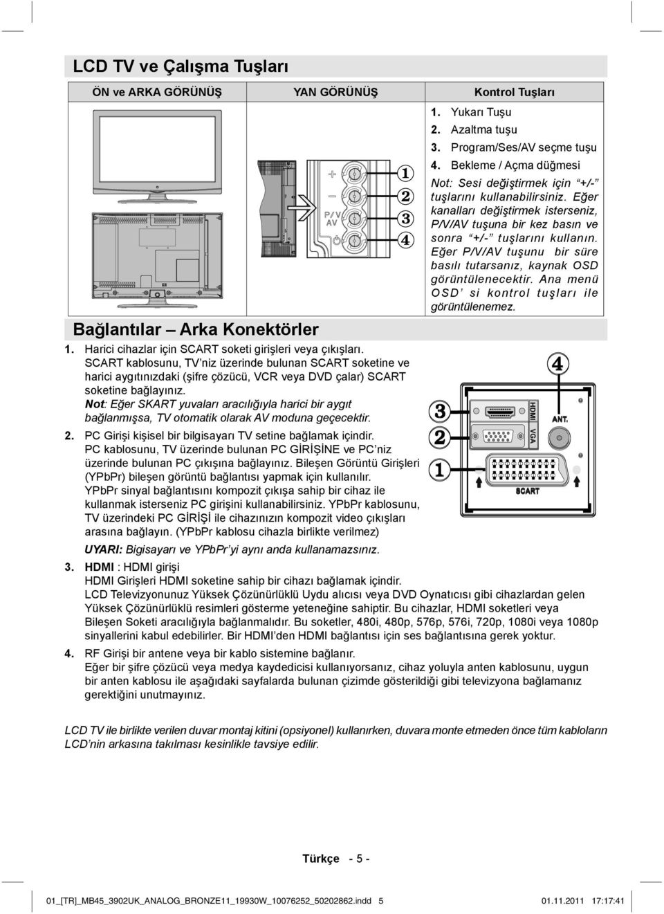 Not: Eğer SKART yuvaları aracılığıyla harici bir aygıt bağlanmışsa, TV otomatik olarak AV moduna geçecektir. 2. PC Girişi kişisel bir bilgisayarı TV setine bağlamak içindir.