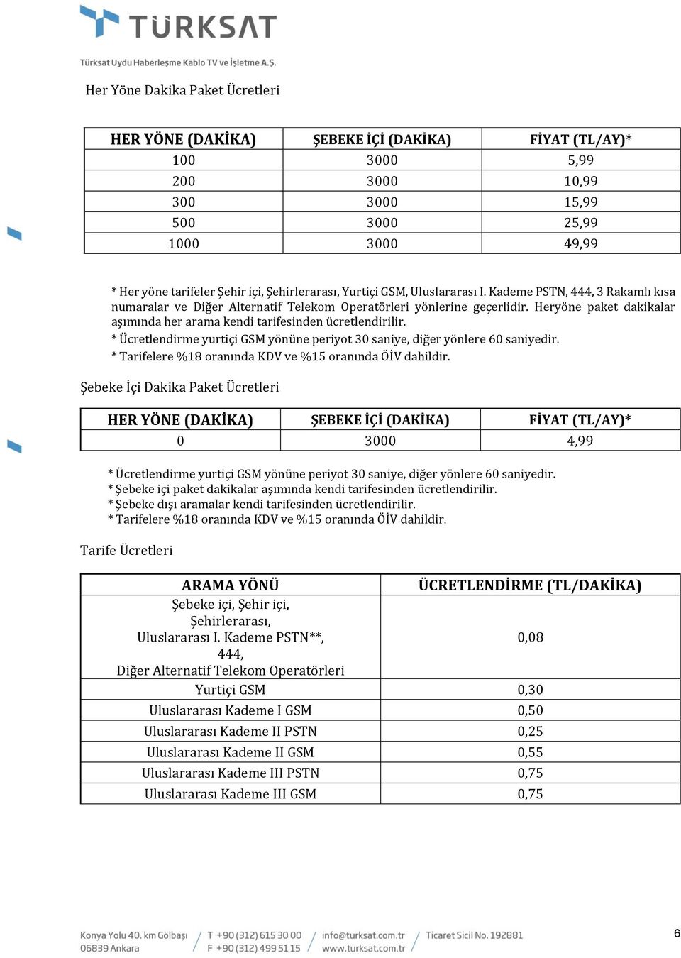 Heryöne paket dakikalar aşımında her arama kendi tarifesinden ücretlendirilir. * Ücretlendirme yurtiçi GSM yönüne periyot 30 saniye, diğer yönlere 60 saniyedir.