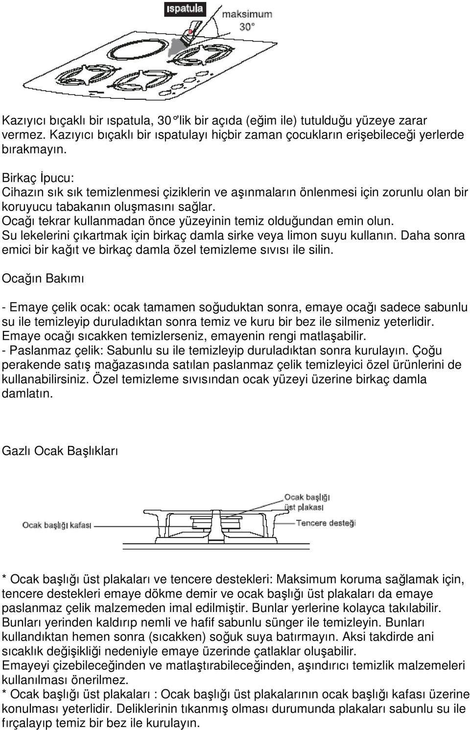 Ocağı tekrar kullanmadan önce yüzeyinin temiz olduğundan emin olun. Su lekelerini çıkartmak için birkaç damla sirke veya limon suyu kullanın.