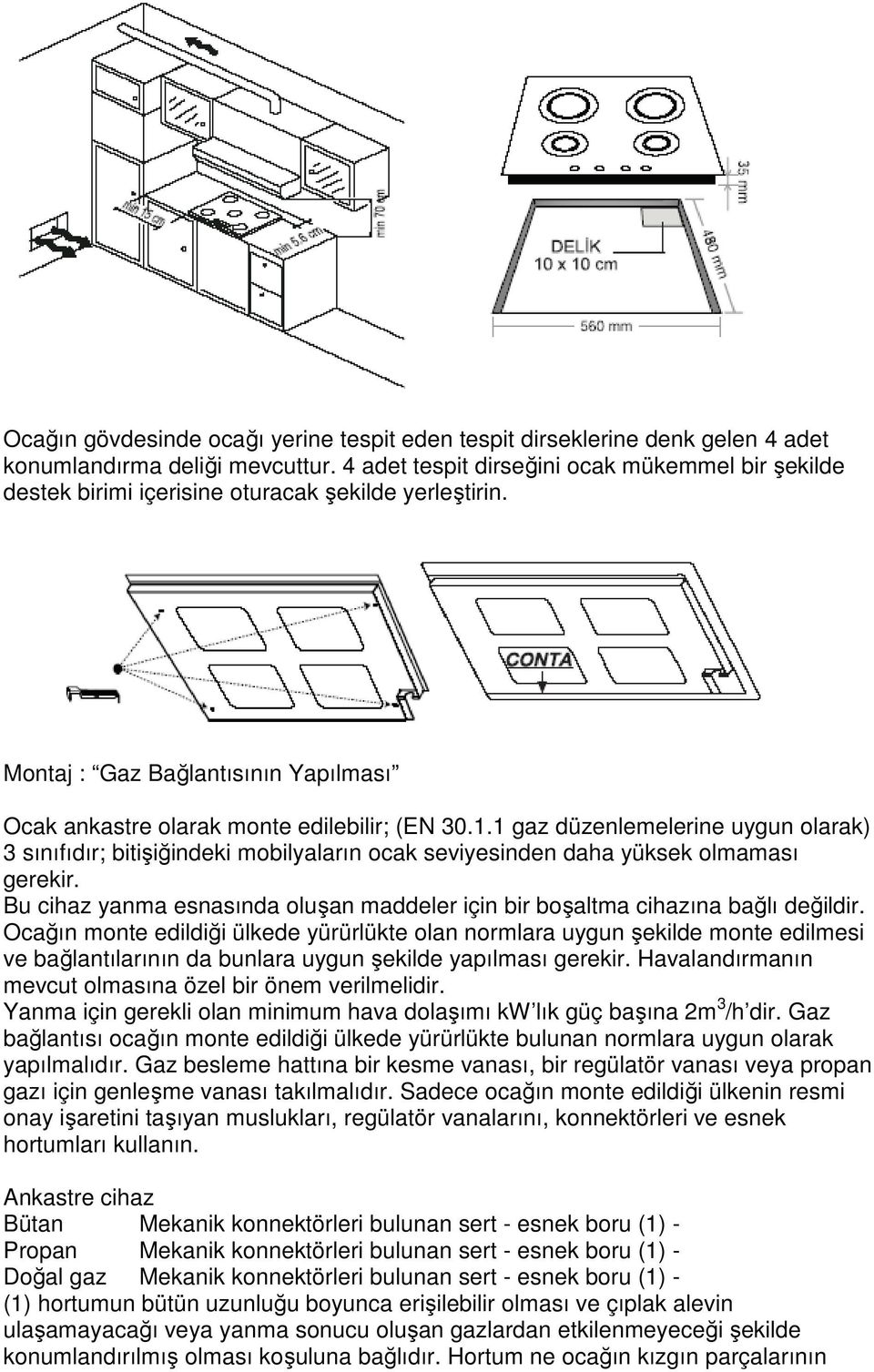 1 gaz düzenlemelerine uygun olarak) 3 sınıfıdır; bitişiğindeki mobilyaların ocak seviyesinden daha yüksek olmaması gerekir.