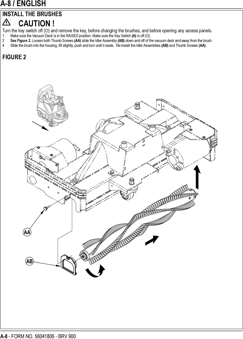 1 Make sure the Vacuum Deck is in the RAISED position. Make sure the Key Switch (A) is off (O). 2 See Figure 2.