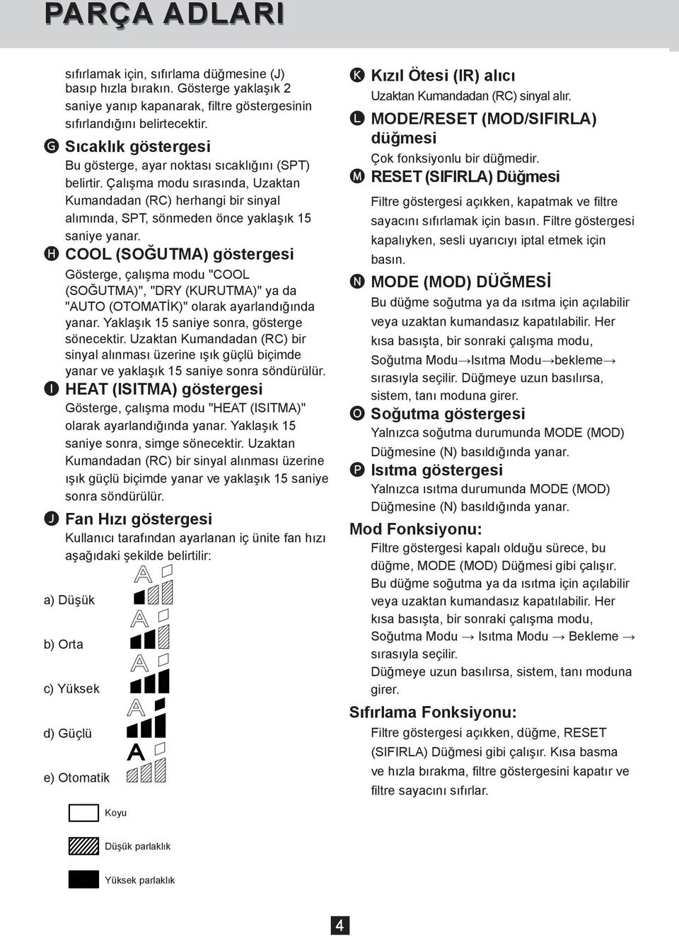 H COOL (SOĞUTMA) göstergesi Gösterge, çalışma modu "COOL (SOĞUTMA)", "DRY (KURUTMA)" ya da "AUTO (OTOMATİK)" olarak ayarlandığında yanar. Yaklaşık 15 saniye sonra, gösterge sönecektir.