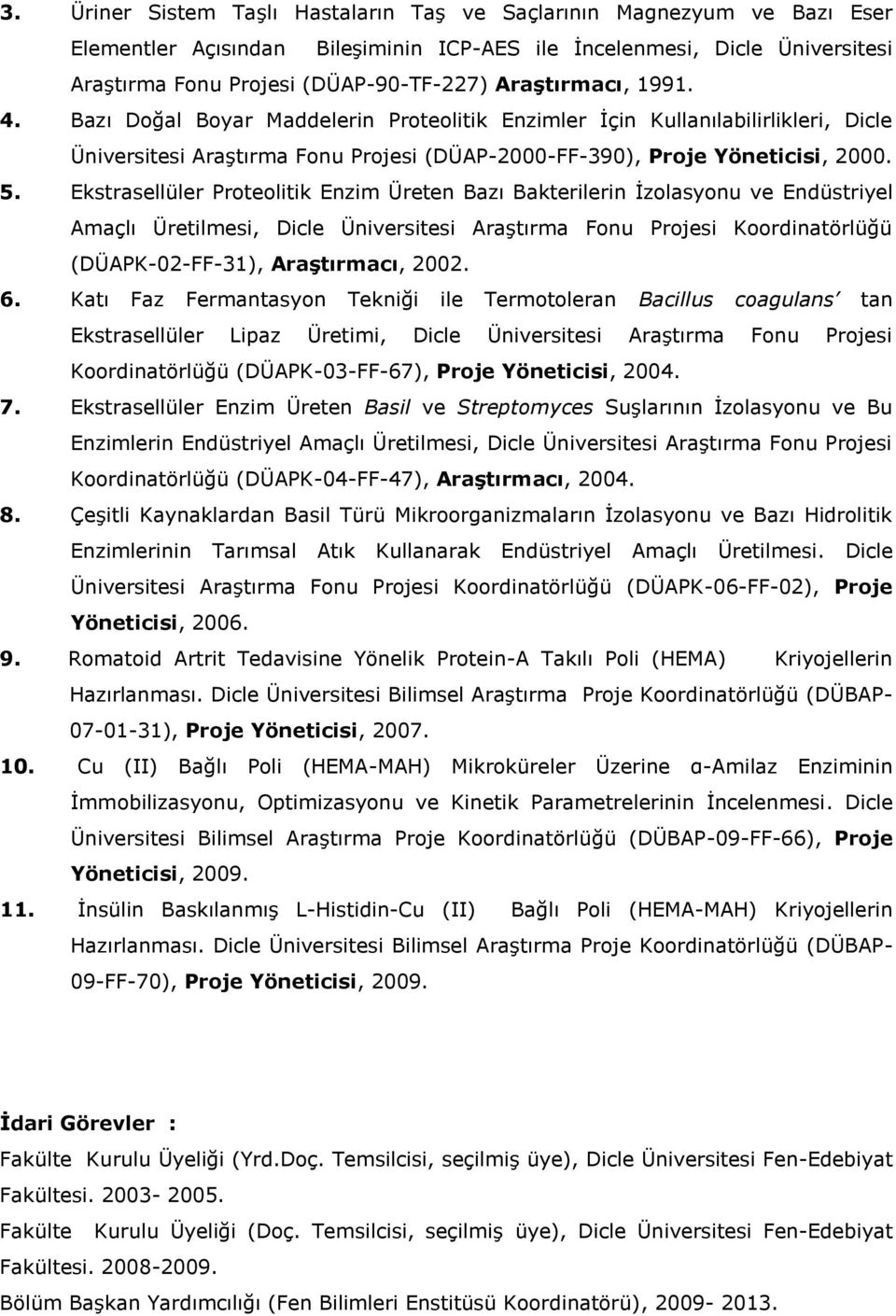 Ekstrasellüler Proteolitik Enzim Üreten Bazı Bakterilerin İzolasyonu ve Endüstriyel Amaçlı Üretilmesi, Dicle Üniversitesi Araştırma Fonu Projesi Koordinatörlüğü (DÜAPK-02-FF-31), Araştırmacı, 2002. 6.